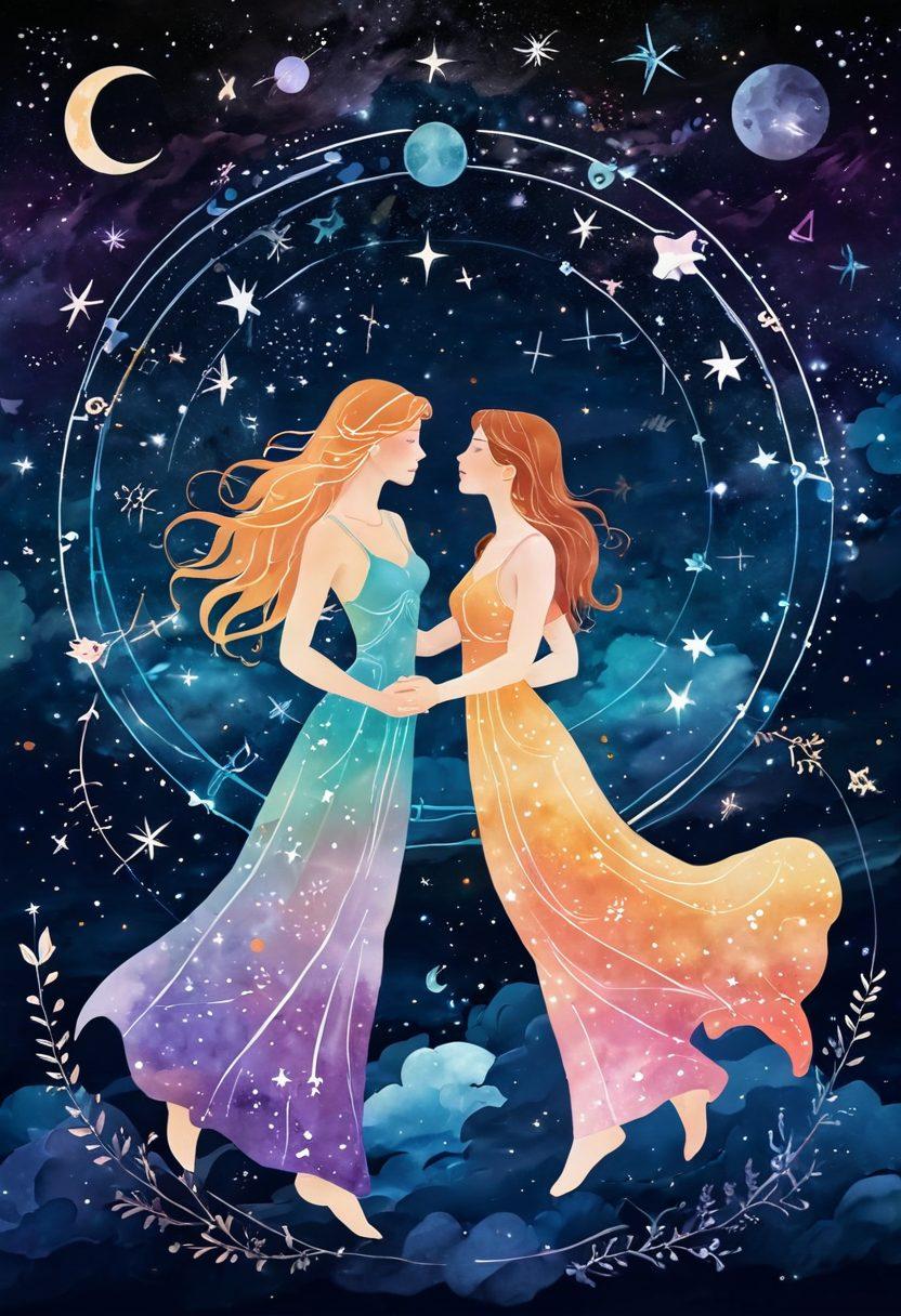 A cosmic-themed illustration depicting two lovers interconnected by celestial elements like stars and zodiac signs, symbolizing their journey from flirting to deep connection. The background features a dreamy night sky with astrological charts and constellations, enhancing the theme of partnership and passion. Soft glowing effects surround the couple, emphasizing emotional intimacy. whimsical style. vibrant colors. celestial theme.