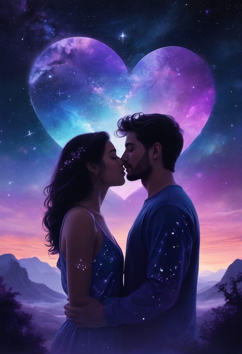 A mystical night sky filled with constellations, with a silhouette of a couple gazing upwards, intertwined under a starry background. Celestial symbols float around them representing zodiac signs, while soft hues of purple and blue create a dreamy atmosphere. Incorporate elements of romance, like hearts and sparkles, to represent love and passion. Illustrate a cosmic connection that inspires exploration and intimacy. vibrant colors. super-realistic.