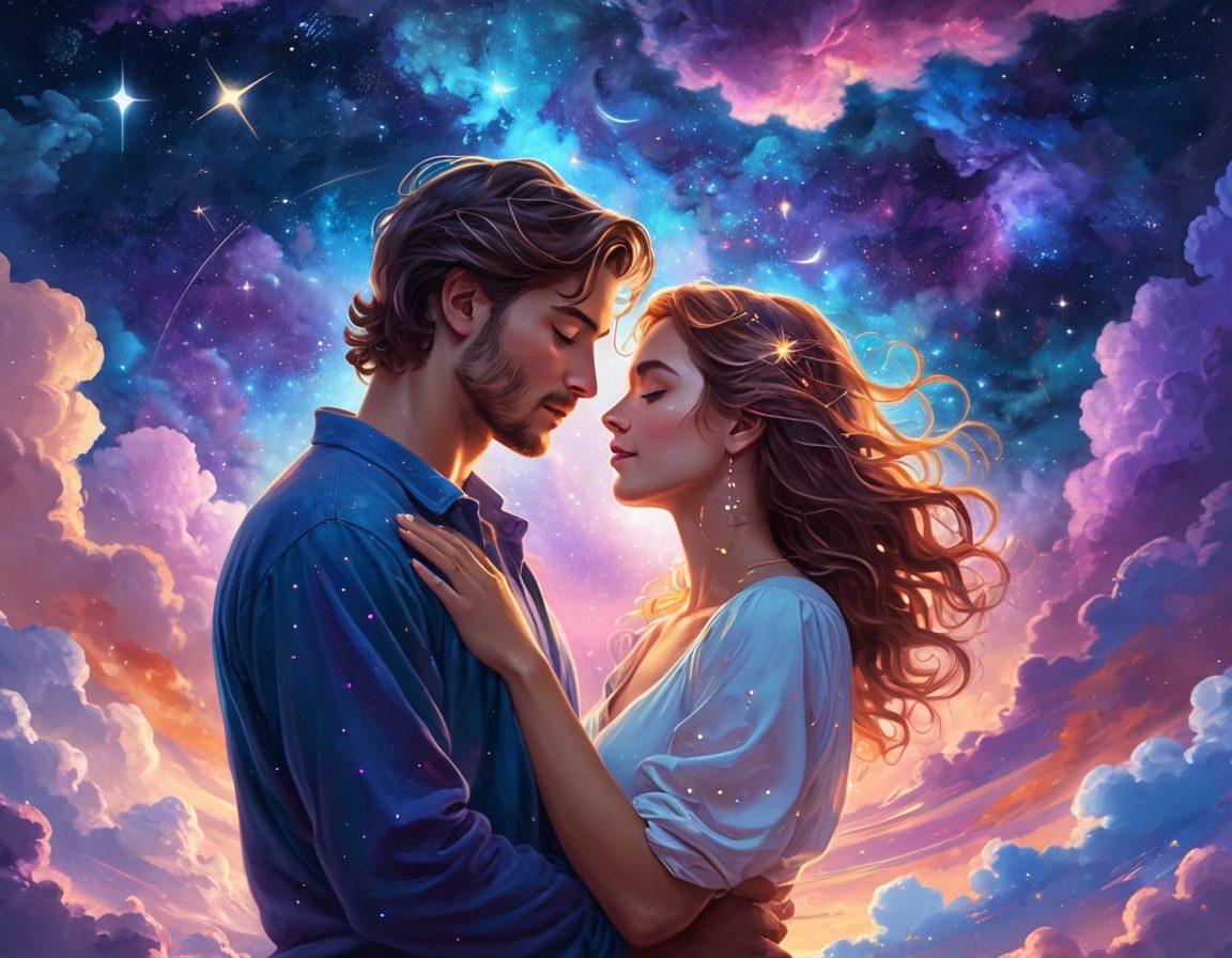 A cosmic-themed illustration featuring a romantic couple intertwined under a night sky filled with vibrant constellations and zodiac symbols. Ethereal light glimmers around them, enhancing their intimacy, while soft clouds and celestial bodies create a dreamy atmosphere. The couple's expressions convey passion and connection, accentuated by glowing stars that symbolize their astrological compatibility. The color palette should be rich and deep, with blues, purples, and shimmering golds. surreal art. vibrant colors. starry background.